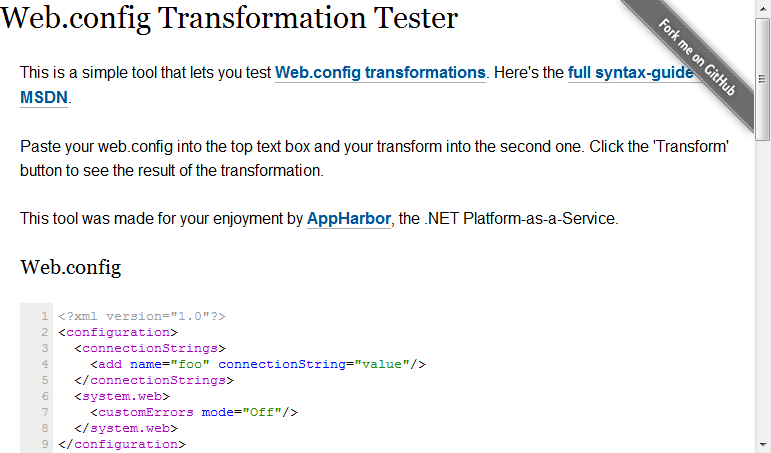 Config transformation tester screenshot